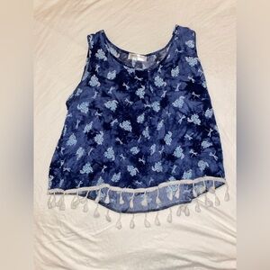 Floral Blue Sleeveless Top with Tassel Hem